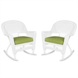 Jeco Rocker Wicker Chair in White with Green Cushion (Set of 2)
