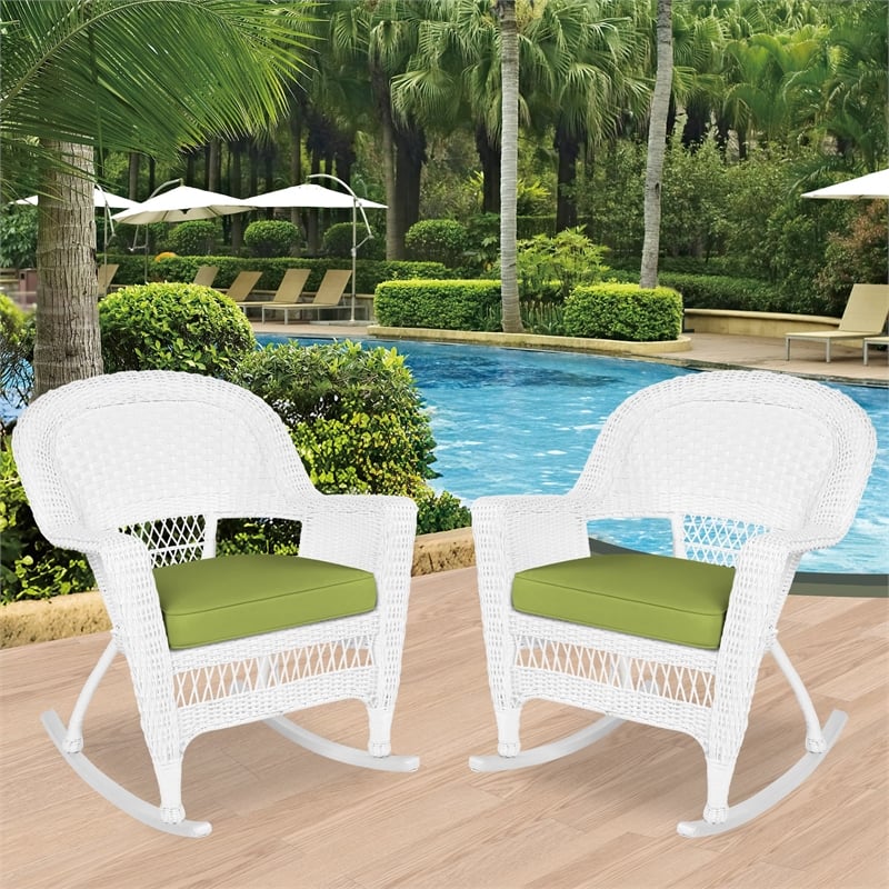 Jeco Rocker Wicker Chair in White with Green Cushion (Set of 2)