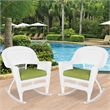 Jeco Rocker Wicker Chair in White with Green Cushion (Set of 2)