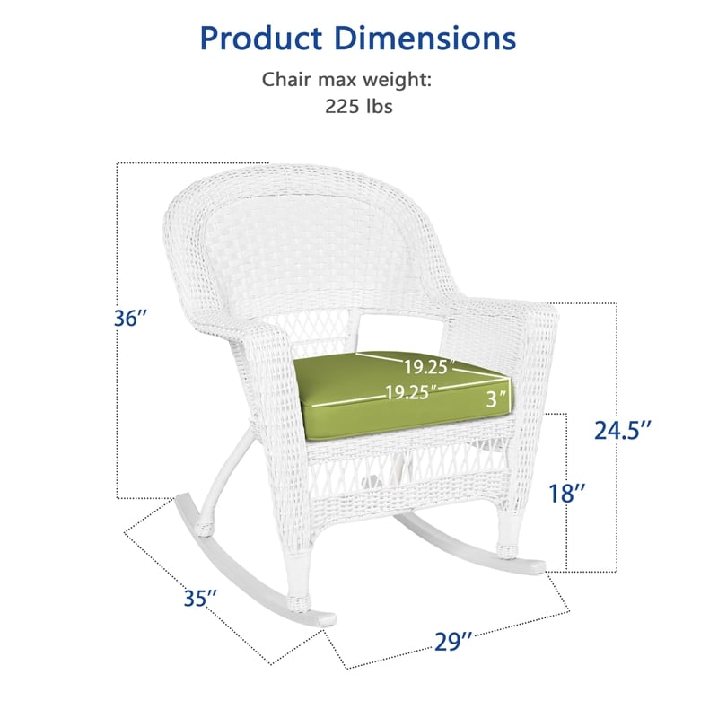 Jeco Rocker Wicker Chair in White with Green Cushion (Set of 2)