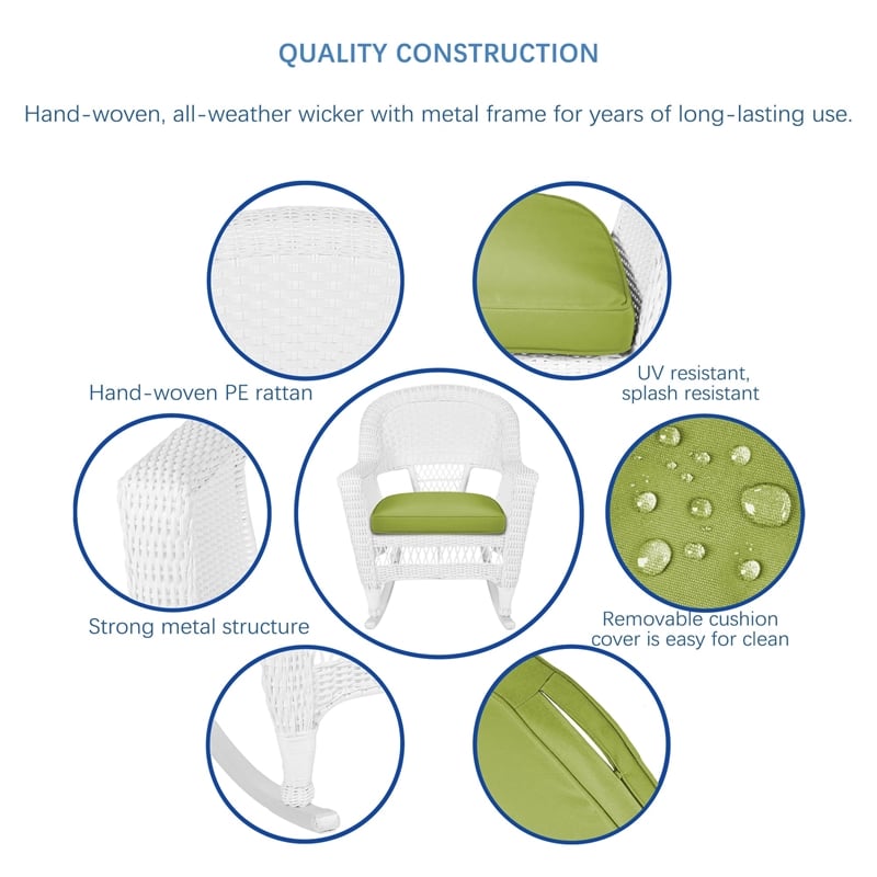 Jeco Rocker Wicker Chair in White with Green Cushion (Set of 2)