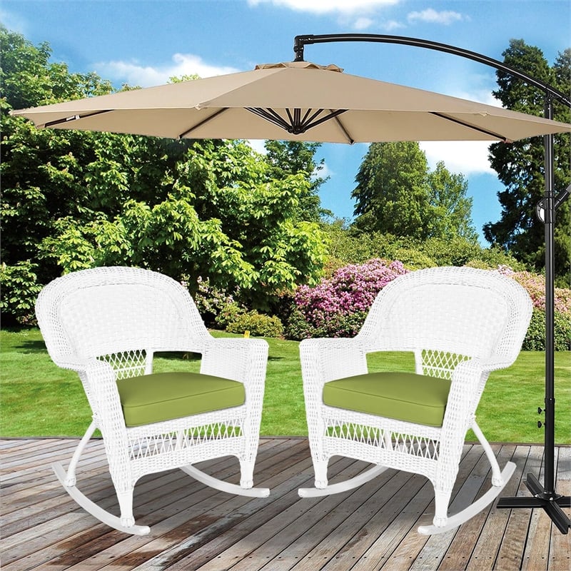 Jeco Rocker Wicker Chair in White with Green Cushion (Set of 2)