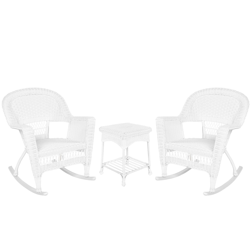 Jeco 3 Piece Resin Wicker Outdoor Patio Rocker Chair with End Table Set in White