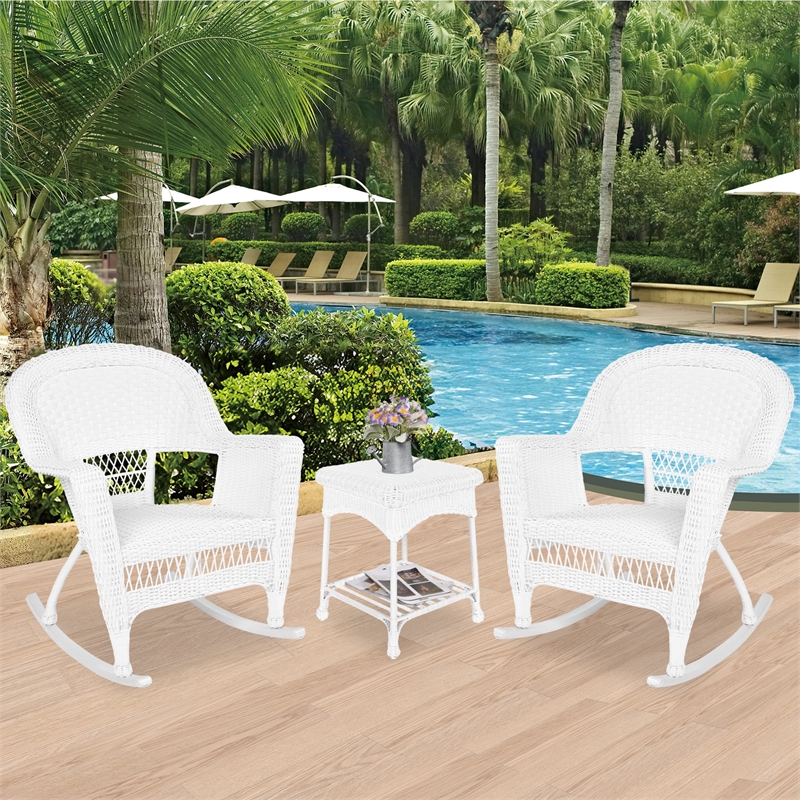 Jeco 3 Piece Resin Wicker Outdoor Patio Rocker Chair with End Table Set in White