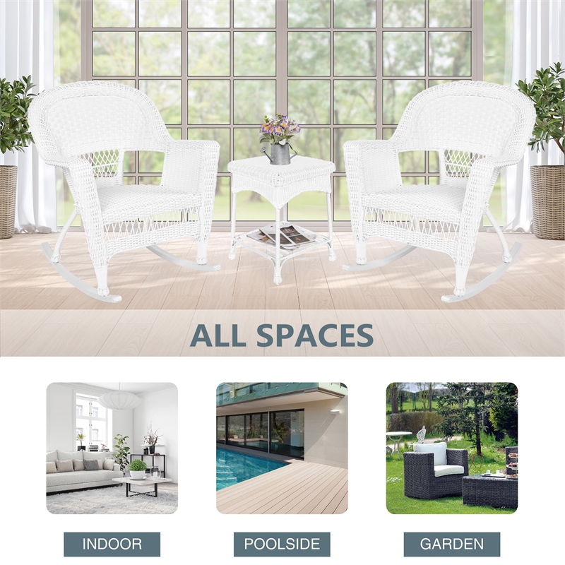 Jeco 3 Piece Resin Wicker Outdoor Patio Rocker Chair with End Table Set in White