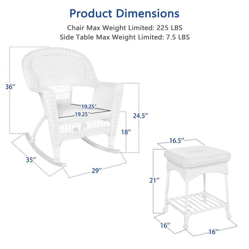 Jeco 3 Piece Resin Wicker Outdoor Patio Rocker Chair with End Table Set in White