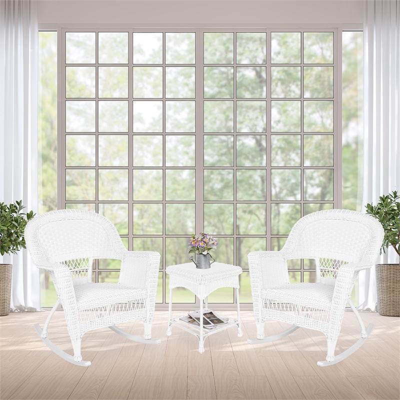 Jeco 3 Piece Resin Wicker Outdoor Patio Rocker Chair with End Table Set in White