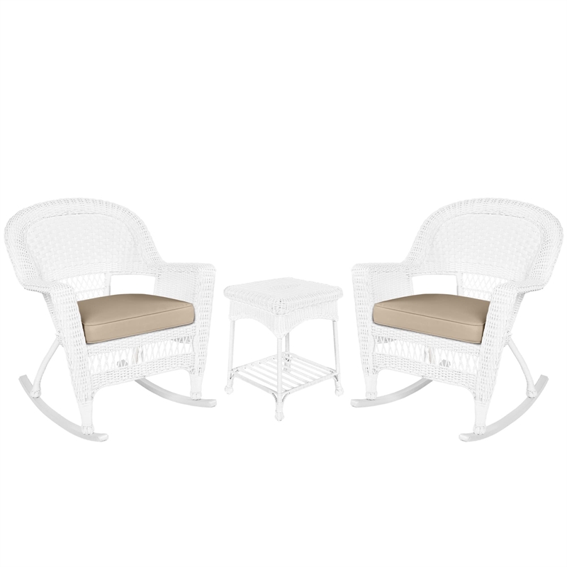Jeco 3pc Rocker Wicker Chair Set in White with Tan Cushion