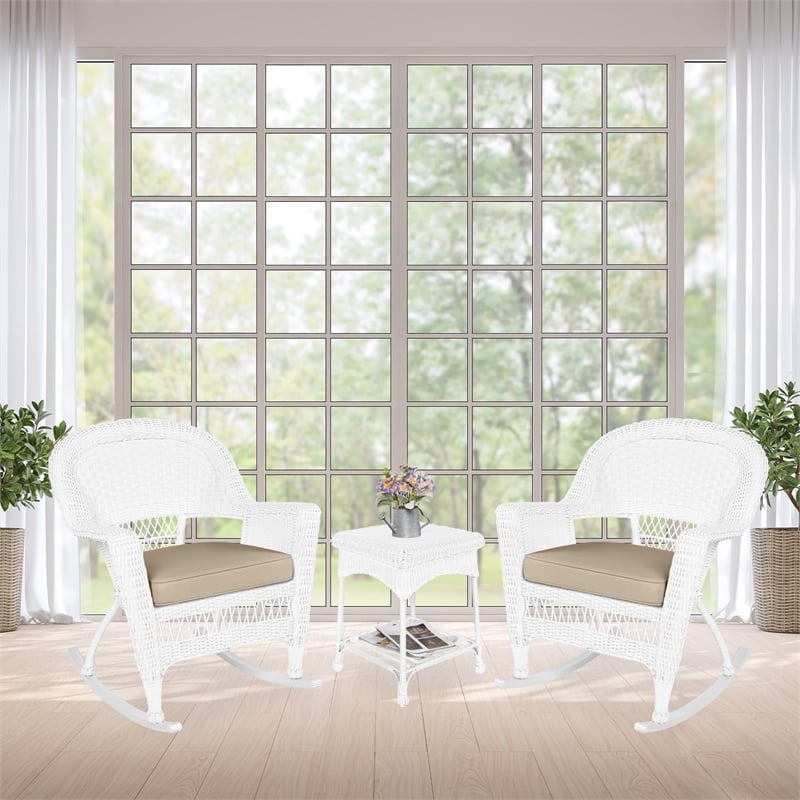 Jeco 3pc Rocker Wicker Chair Set in White with Tan Cushion