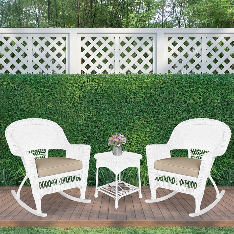 Jeco 3pc Rocker Wicker Chair Set in White with Tan Cushion