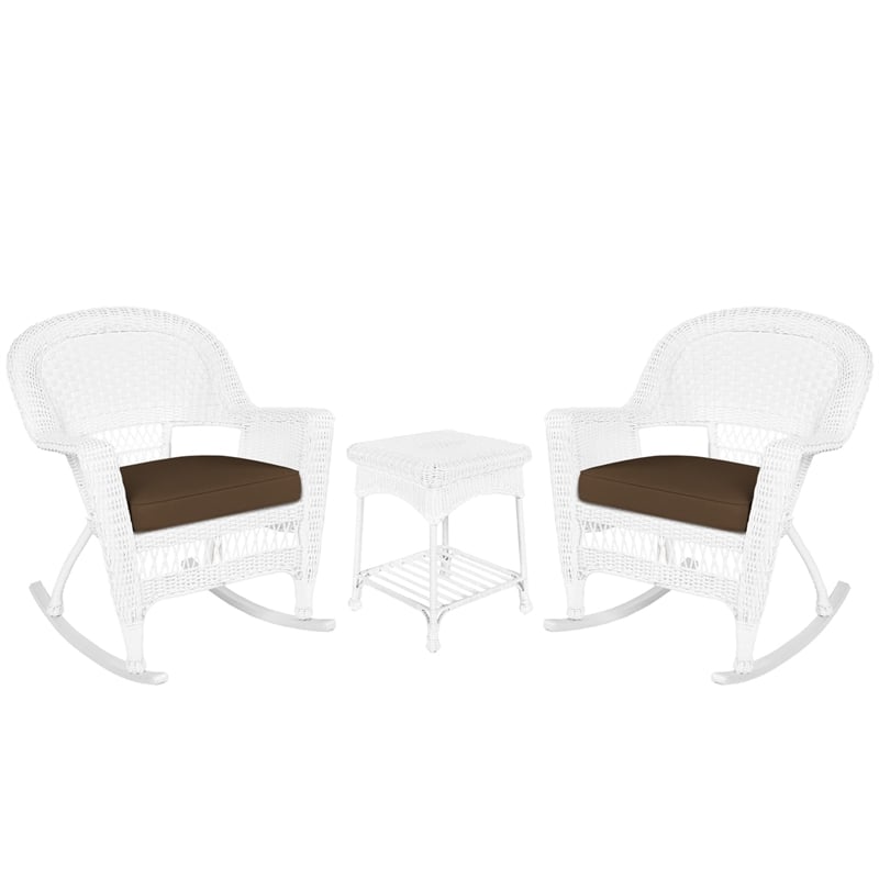 Jeco 3pc Rocker Wicker Chair Set in White with Brown Cushion