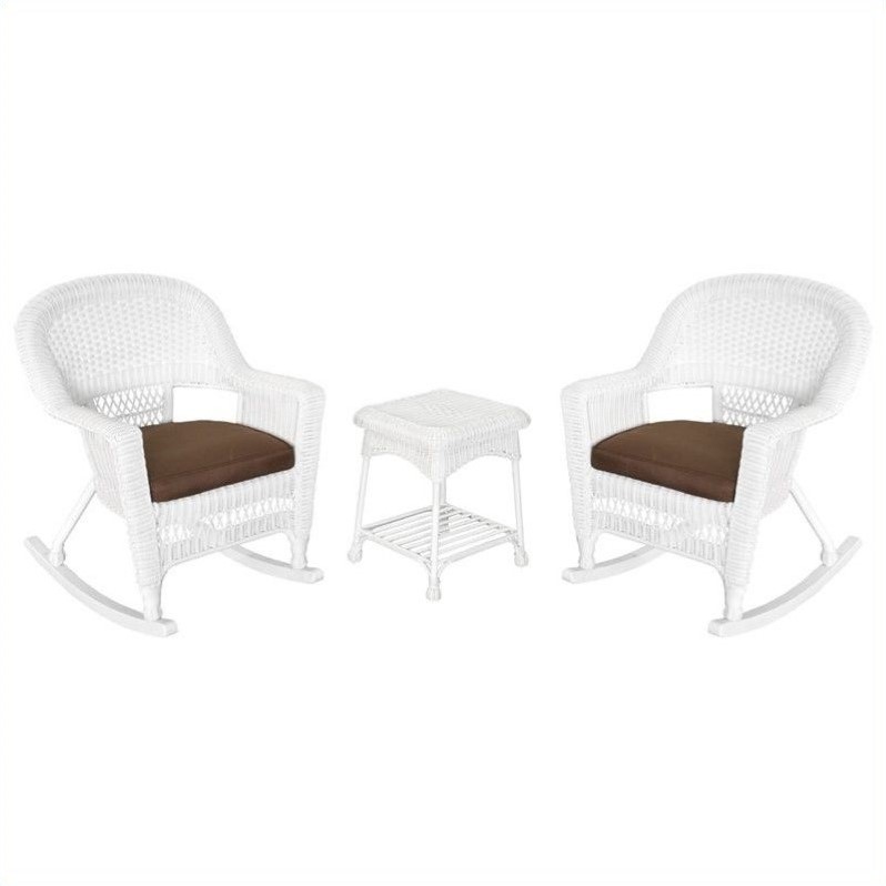 Jeco 3pc Rocker Wicker Chair Set in White with Brown Cushion