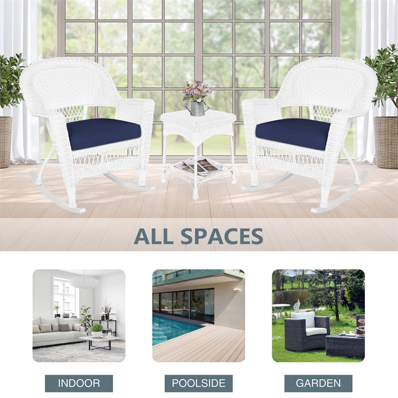 Jeco 3pc Rocker Wicker Chair Set in White with Blue Cushion