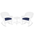 Jeco 3pc Rocker Wicker Chair Set in White with Blue Cushion