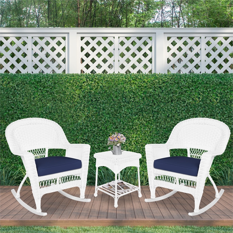 Jeco 3pc Rocker Wicker Chair Set in White with Blue Cushion