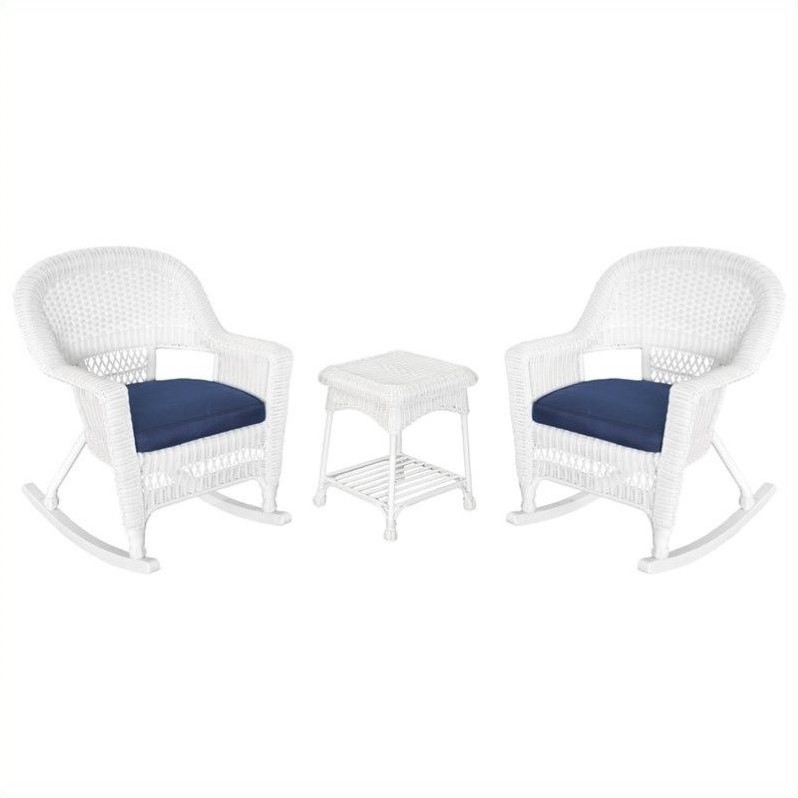 Jeco 3pc Rocker Wicker Chair Set in White with Blue Cushion