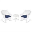 Jeco 3pc Rocker Wicker Chair Set in White with Blue Cushion