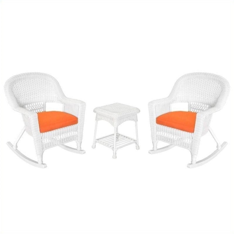 Jeco Piece Rocker Wicker Chair Set in White with Orange Cushion