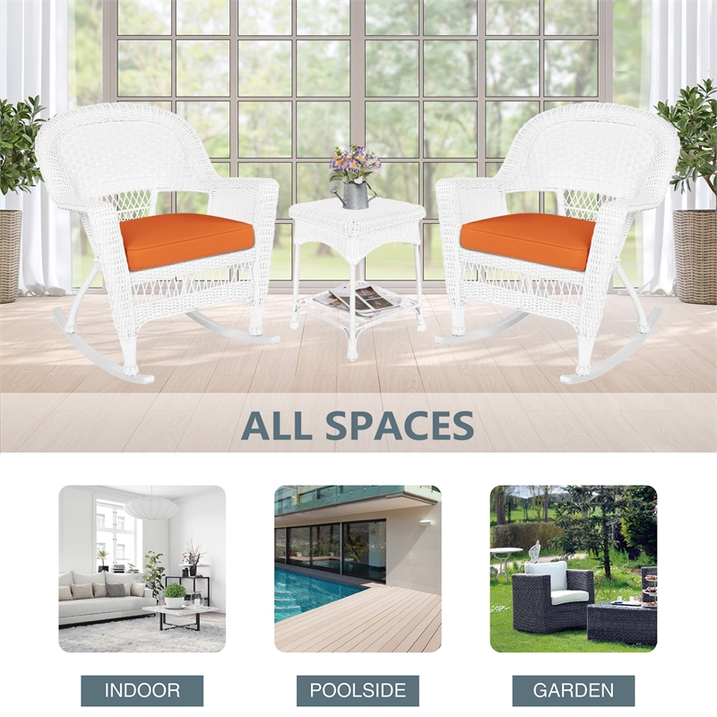 Jeco 3 Piece Rocker Wicker Chair Set in White with Orange Cushion