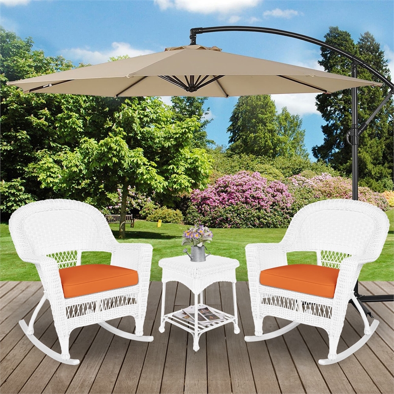 Jeco 3 Piece Rocker Wicker Chair Set in White with Orange Cushion