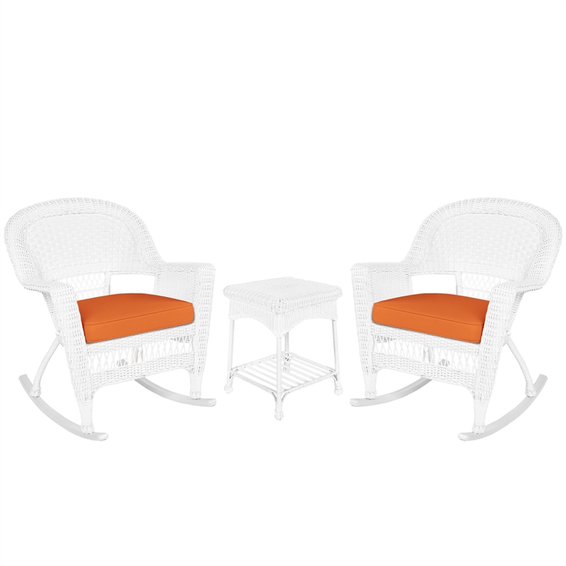 Jeco 3 Piece Rocker Wicker Chair Set in White with Orange Cushion