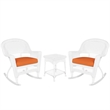 Jeco 3 Piece Rocker Wicker Chair Set in White with Orange Cushion