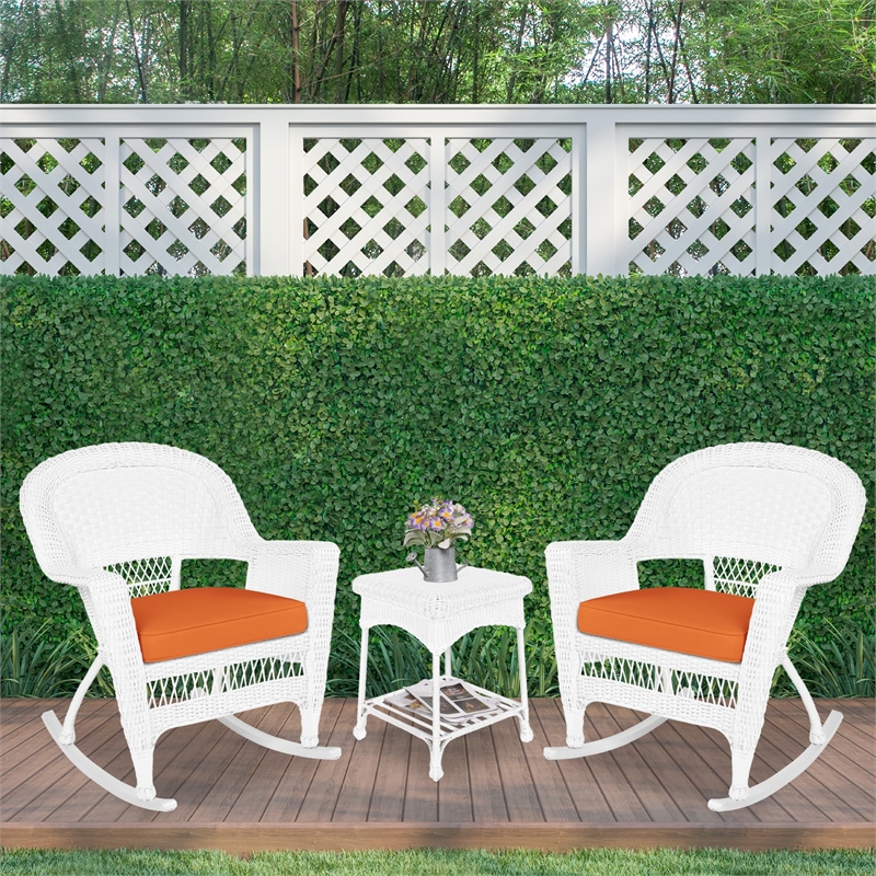 Jeco 3 Piece Rocker Wicker Chair Set in White with Orange Cushion