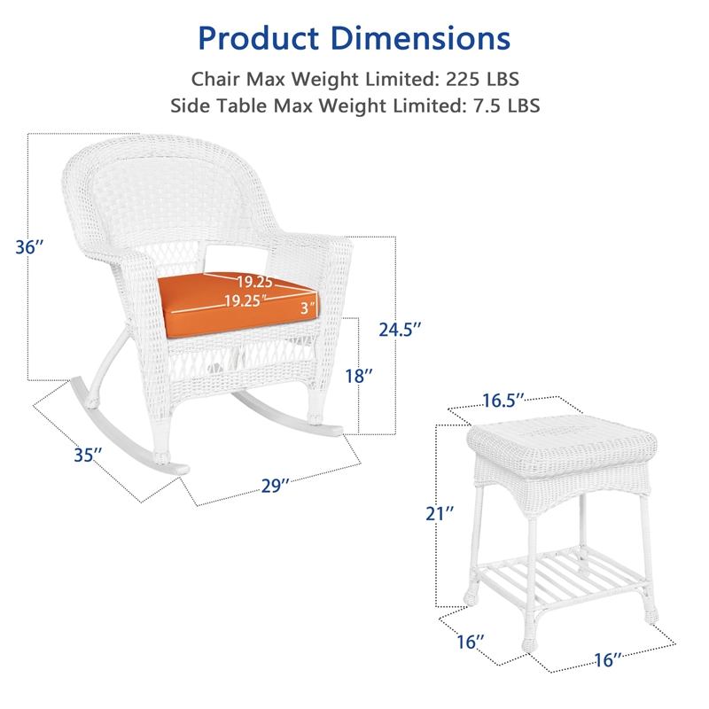 Jeco 3 Piece Rocker Wicker Chair Set in White with Orange Cushion