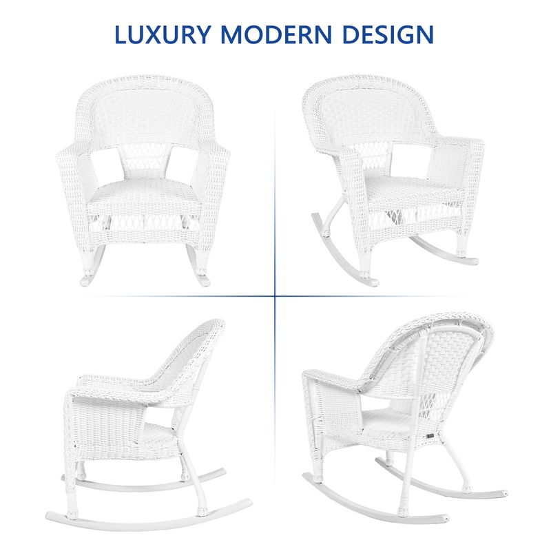 Jeco 3 Piece Rocker Wicker Chair Set in White with Orange Cushion