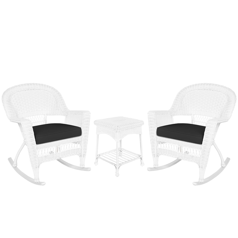 Jeco 3pc Rocker Wicker Chair Set in White with Black Cushion