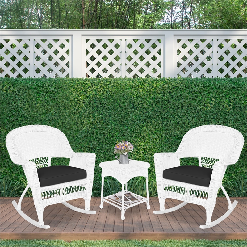 Jeco 3pc Rocker Wicker Chair Set in White with Black Cushion