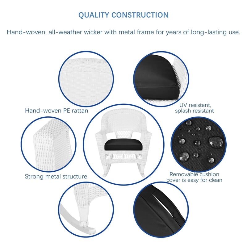 Jeco 3pc Rocker Wicker Chair Set in White with Black Cushion