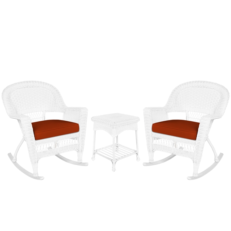 Jeco 3pc Rocker Wicker Chair Set in White with Red Cushion