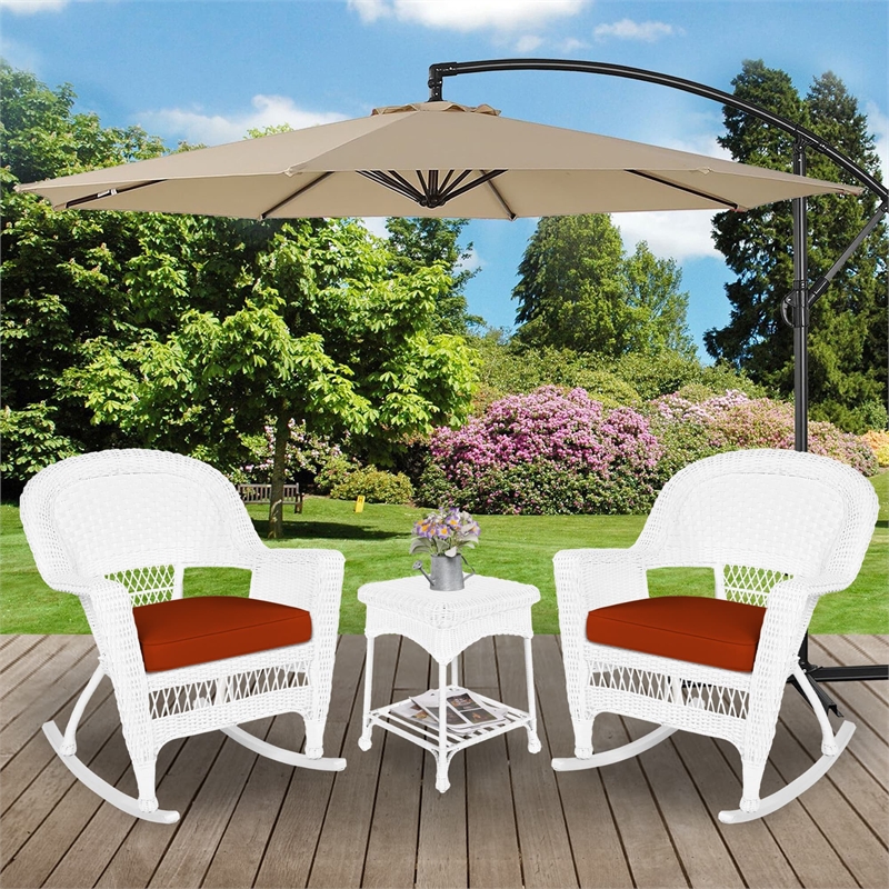 Jeco 3pc Rocker Wicker Chair Set in White with Red Cushion