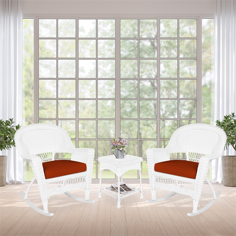 Jeco 3pc Rocker Wicker Chair Set in White with Red Cushion