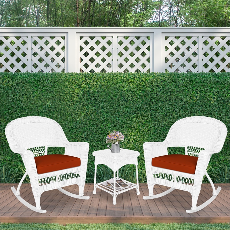 Jeco 3pc Rocker Wicker Chair Set in White with Red Cushion