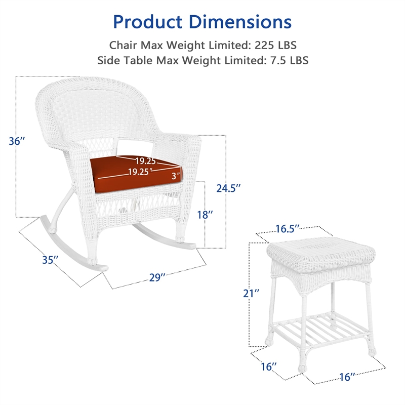 Jeco 3pc Rocker Wicker Chair Set in White with Red Cushion