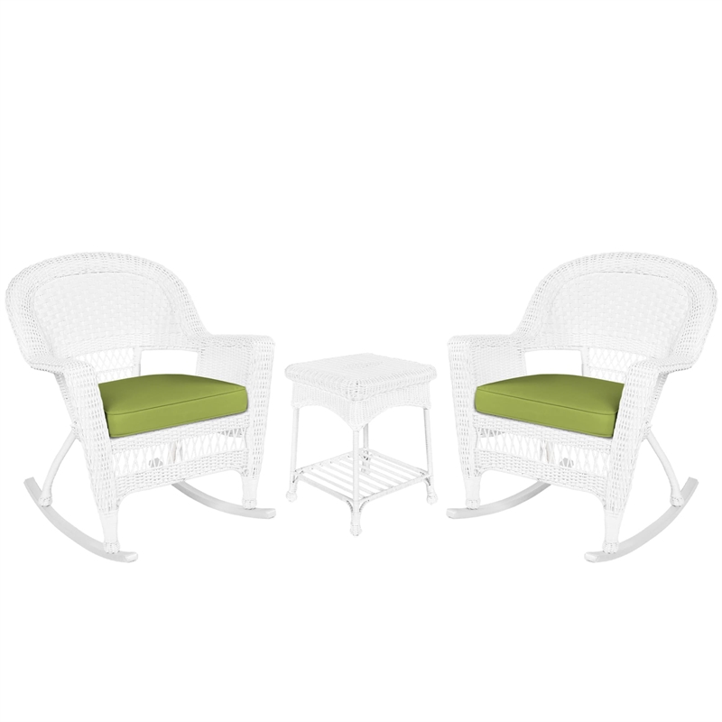 Jeco 3pc Rocker Wicker Chair Set in White with Green Cushion