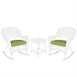 Jeco 3pc Rocker Wicker Chair Set in White with Green Cushion