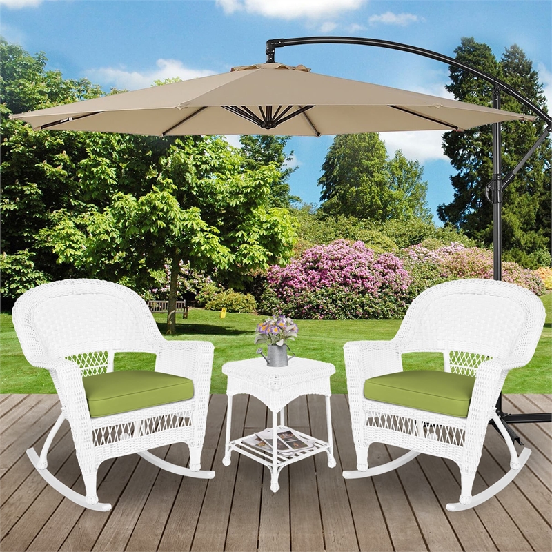 Jeco 3pc Rocker Wicker Chair Set in White with Green Cushion