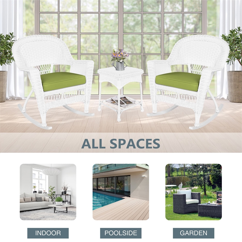 Jeco 3pc Rocker Wicker Chair Set in White with Green Cushion