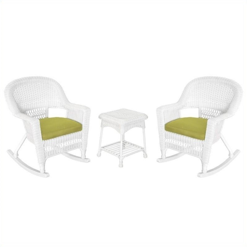 Jeco 3pc Rocker Wicker Chair Set in White with Green Cushion