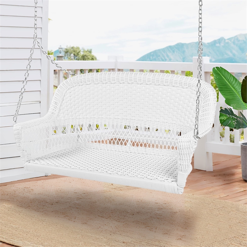 Jeco Resin Wicker Traditional Hanging Porch Swing in White