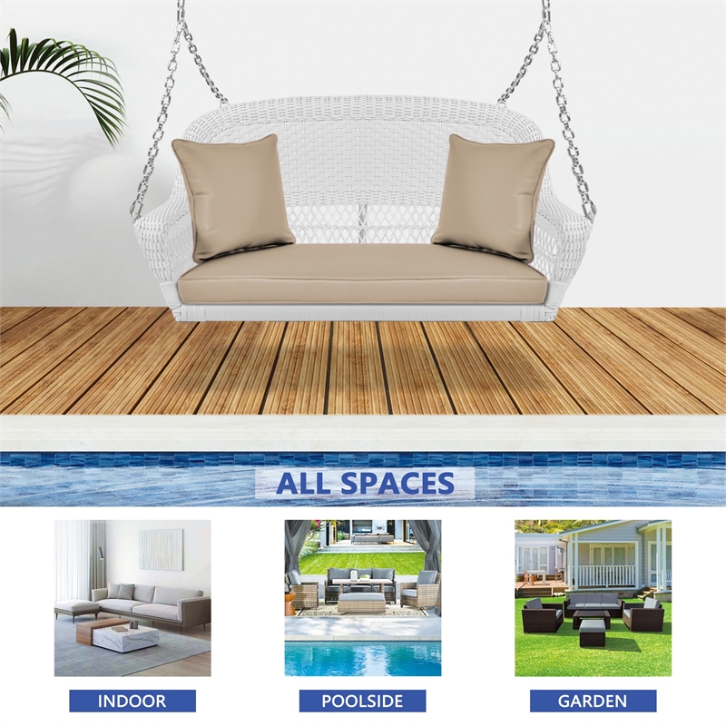 Jeco Resin Wicker Porch Swing with Cushion in White and Tan