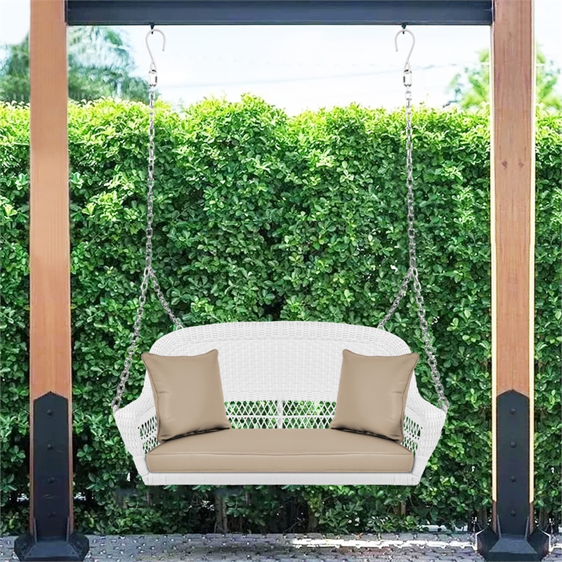 Jeco Resin Wicker Porch Swing with Cushion in White and Tan