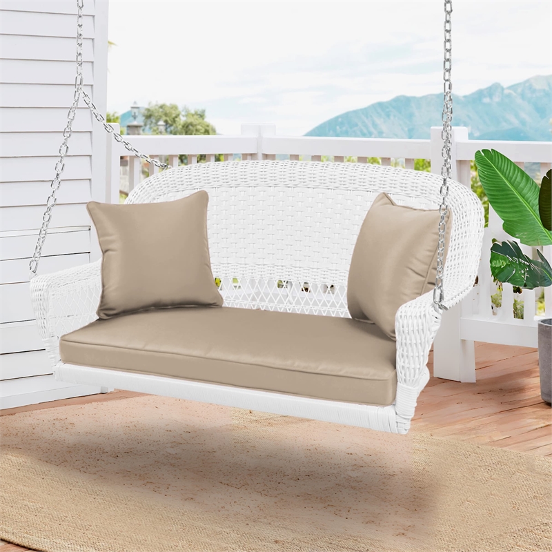 Jeco Resin Wicker Porch Swing with Cushion in White and Tan