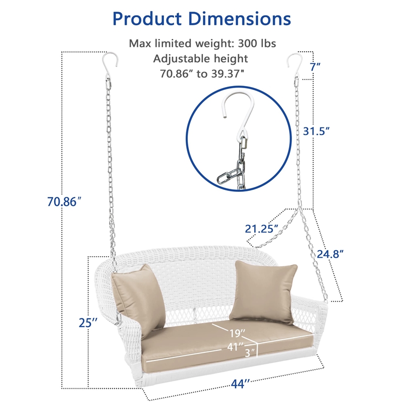Jeco Resin Wicker Porch Swing with Cushion in White and Tan