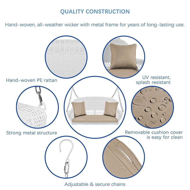 Jeco Resin Wicker Porch Swing with Cushion in White and Tan