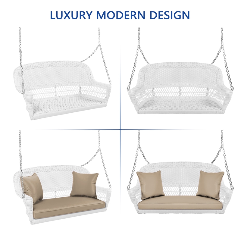 Jeco Resin Wicker Porch Swing with Cushion in White and Tan