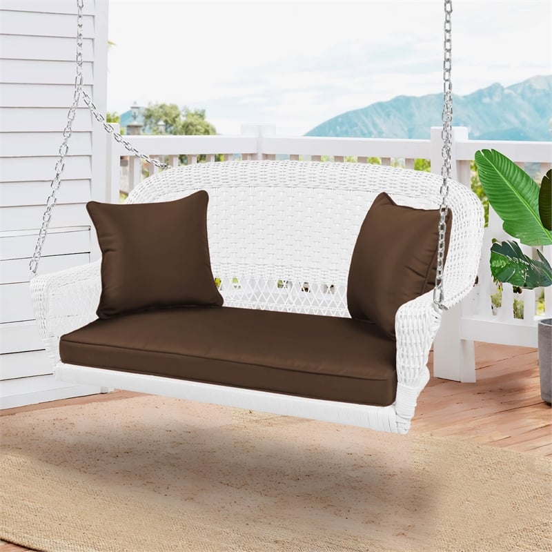 Jeco Wicker Porch Swing in White with Brown Cushion